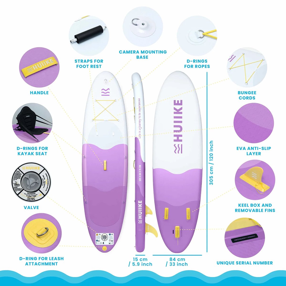 HUIIKE SUP Board - Opblaasbaar Paddle Board met Accessoires, Peddel, Vinnen, Pomp - Stand Up Paddle met Hoge Stabiliteit - 305 x 84 x 15 cm - Max. 130 kg – foto 3