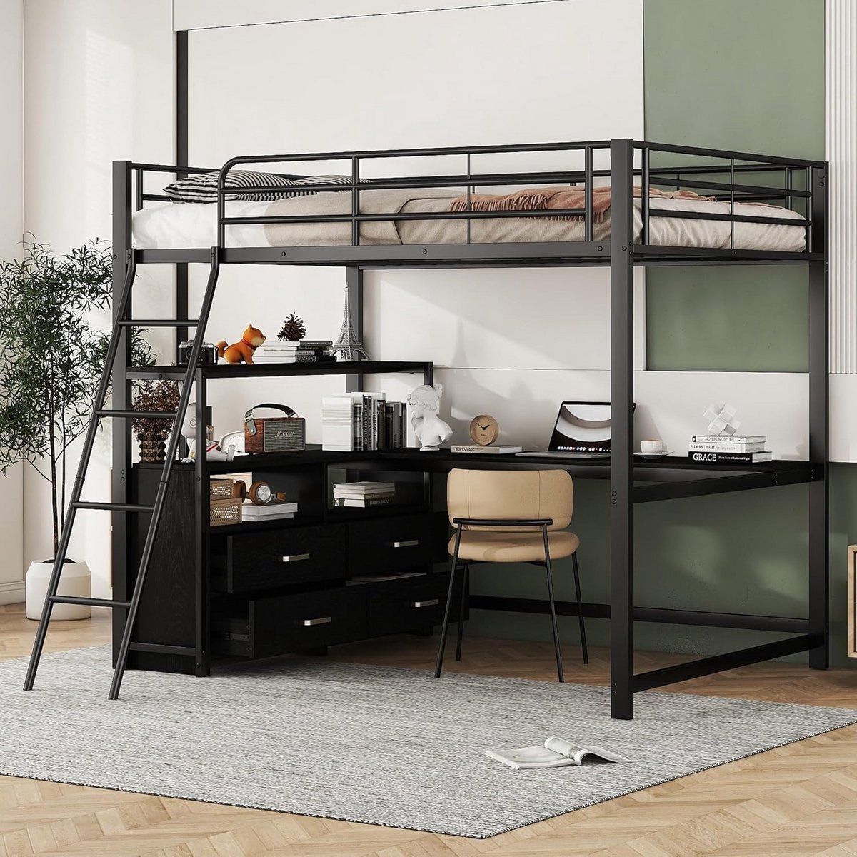 Hoogslaper 140x200 cm met L-bureau en Lades, Stevig Metalen Frame