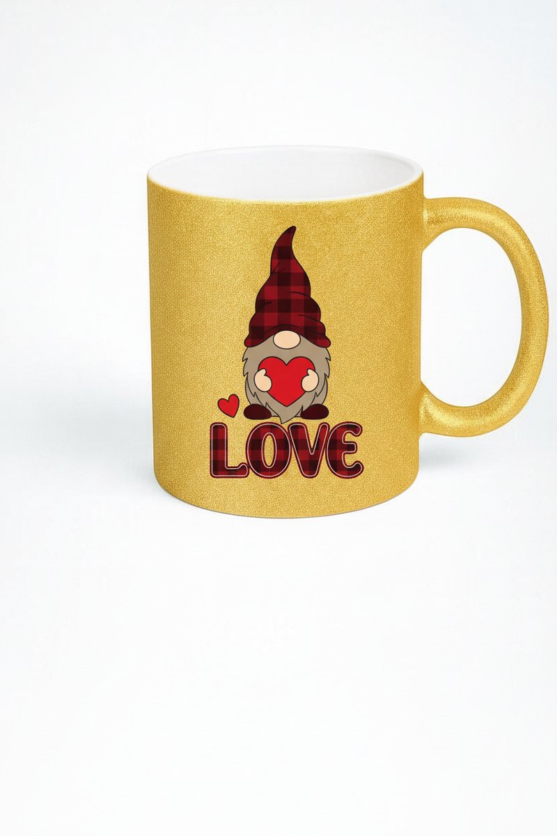 Gouden Glitter Mok met Kabouter en Liefde Plaid Design - Valentijn Cadeau