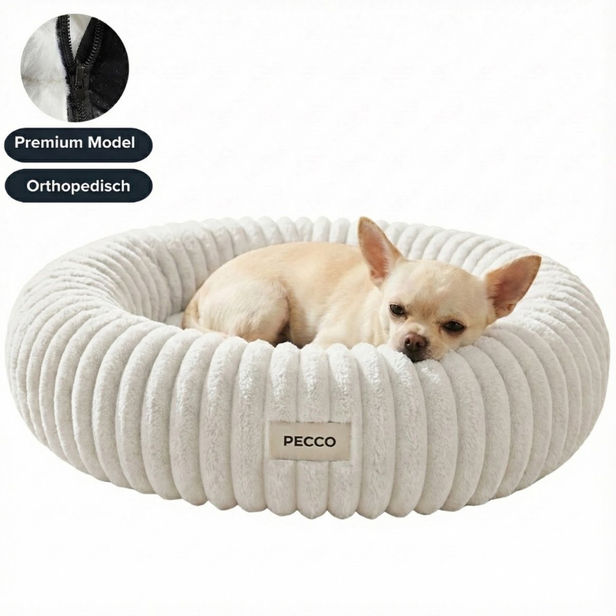 Pecco Witte mand voor kleine hond en kat - Orthopedische vulling - Wasbaar - Rond 50 cm - Ribstof