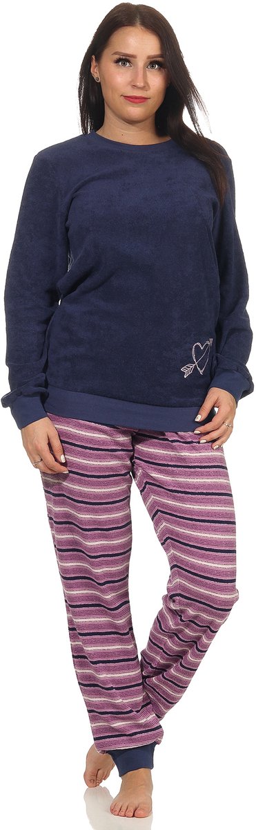 Normann Dames badstof pyjama met manchetten - ijskristalmotief - 291 201 13 901 marine