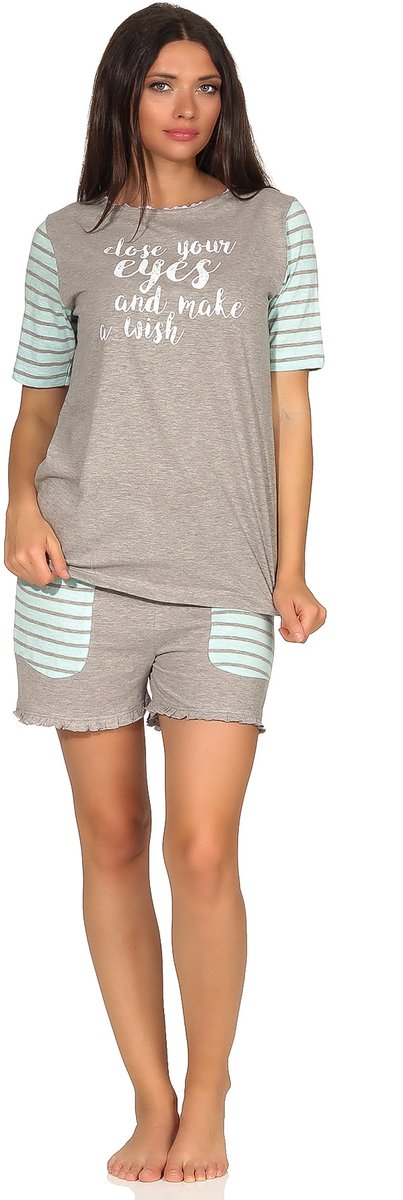 Normann Casual damespyjama met korte mouwen in collegelook met opdruk en contrasterende mouwen grau