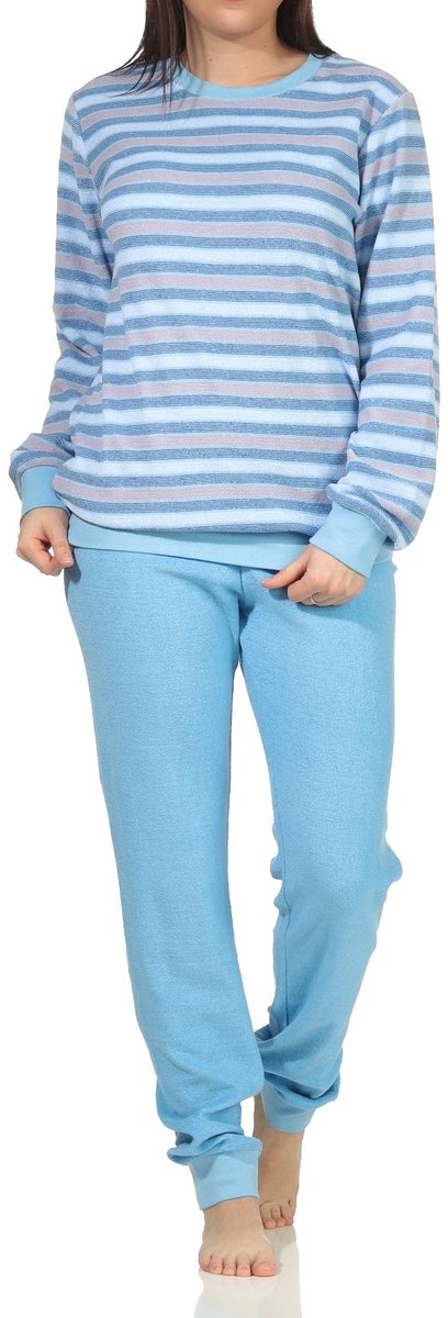 Normann Dames badstof pyjama met manchetten in elegante gestreepte look - ook in oversized hellblau