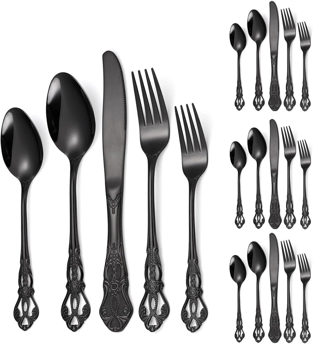 20-delige bestekset in koninklijke stijl - Set voor 4 personen, zwart roestvrij staal, retro antiek keukengerei met bloemmotief op de handvatten, voor restaurants, thuis, festivals en feesten