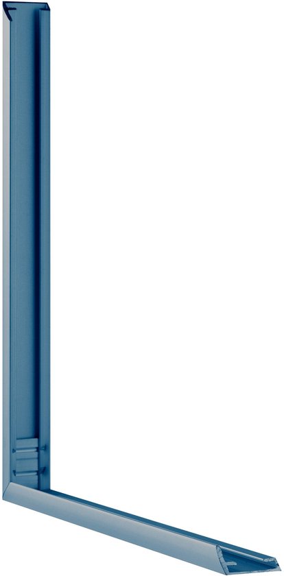 Een blauw aluminium fotolijst, zijaanzicht, met een 9mm brede rand.