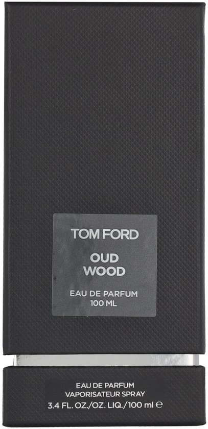 Zwarte kartonnen verpakking van Tom Ford Oud Wood Eau de Parfum 100 ml.