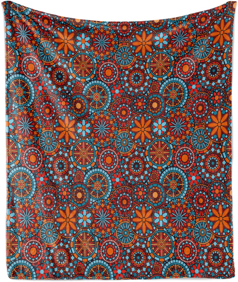ABAKUHAUS Mandala Zachte Flanellen Fleece Deken, Bloemenprint, Gezellige Pluche Plaid, 175 x 230 cm, Vermiljoen Hemelsblauw Robijn