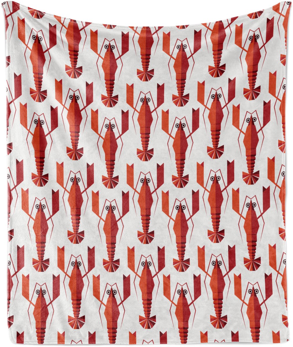 ABAKUHAUS Zachte flanellen fleece deken met kreeftenprint, geometrische kreeftenafbeelding, knusse pluche plaid, 175 x 230 cm, wit en vermiljoen