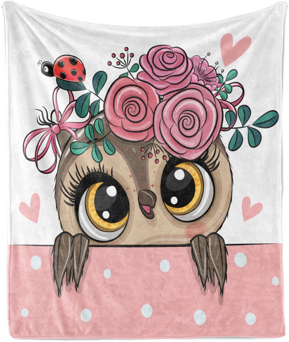 ABAKUHAUS Zachte Flanellen Fleece Deken met Dierenprint, Cartoon Uilen met Lieveheersbeestjes, Pluche Plaid, 175 x 230 cm, Pastelroze en Meerkleurig