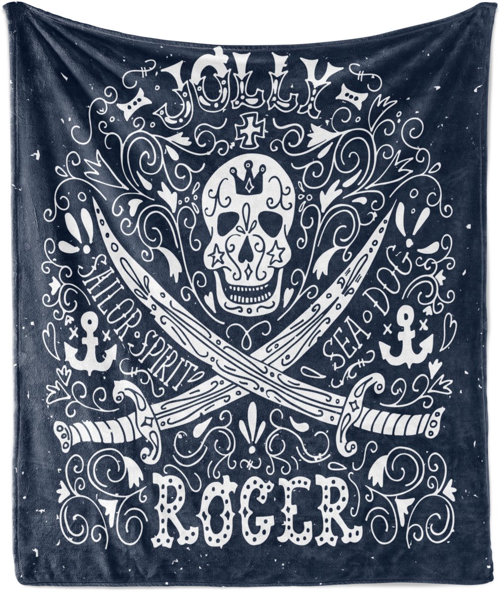 ABAKUHAUS Zachte Flanellen Fleece Deken met Schedelmotief, Piratenvlag (Jolly Roger), Gezellige Pluche Plaid, 125 x 175 cm, Donkerblauw en Wit