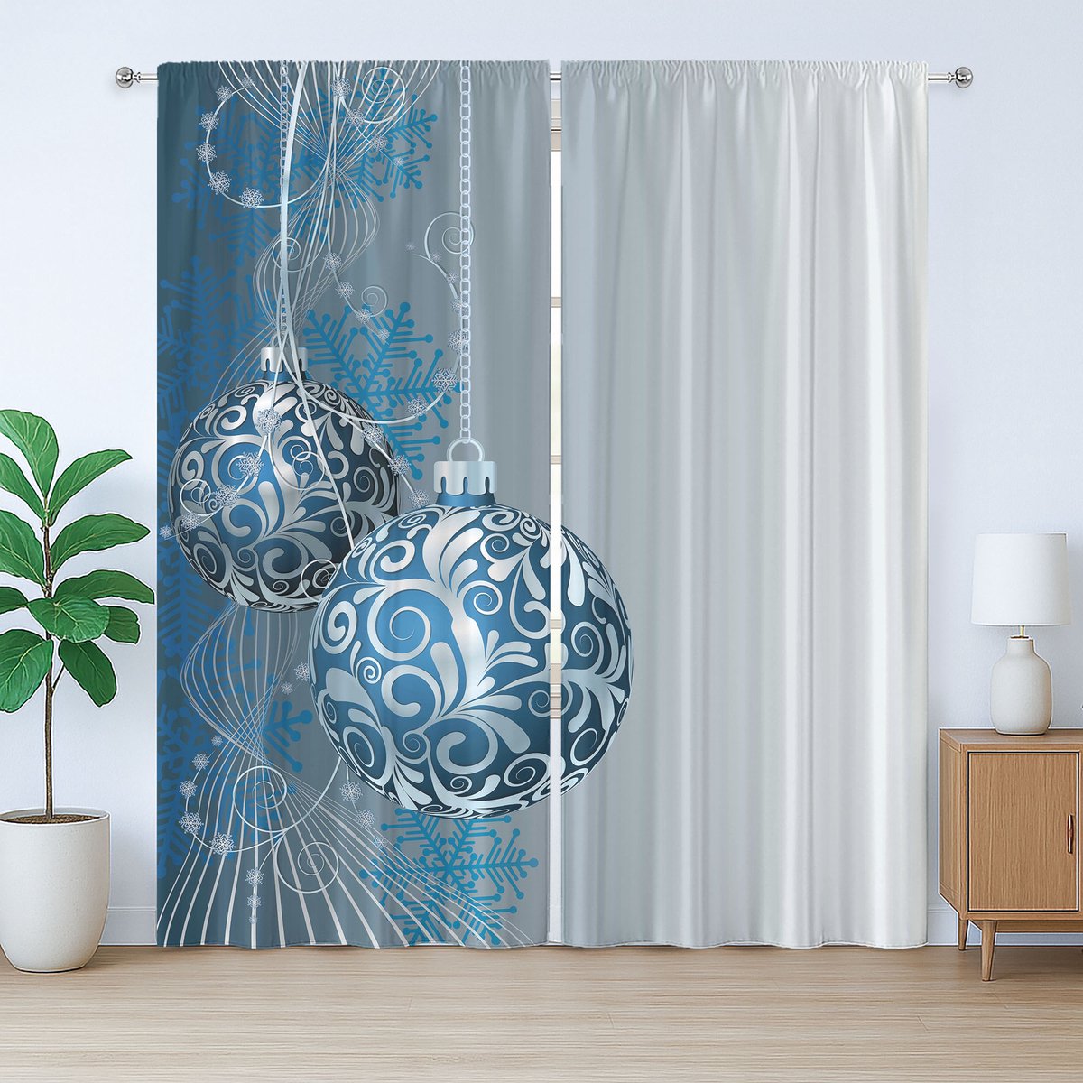 ABAKUHAUS Rustiek kerstgordijn met sneeuwvlokkenmotief, met lussen en haken voor de woonkamer, 280 x 225 cm, lichtblauw wit