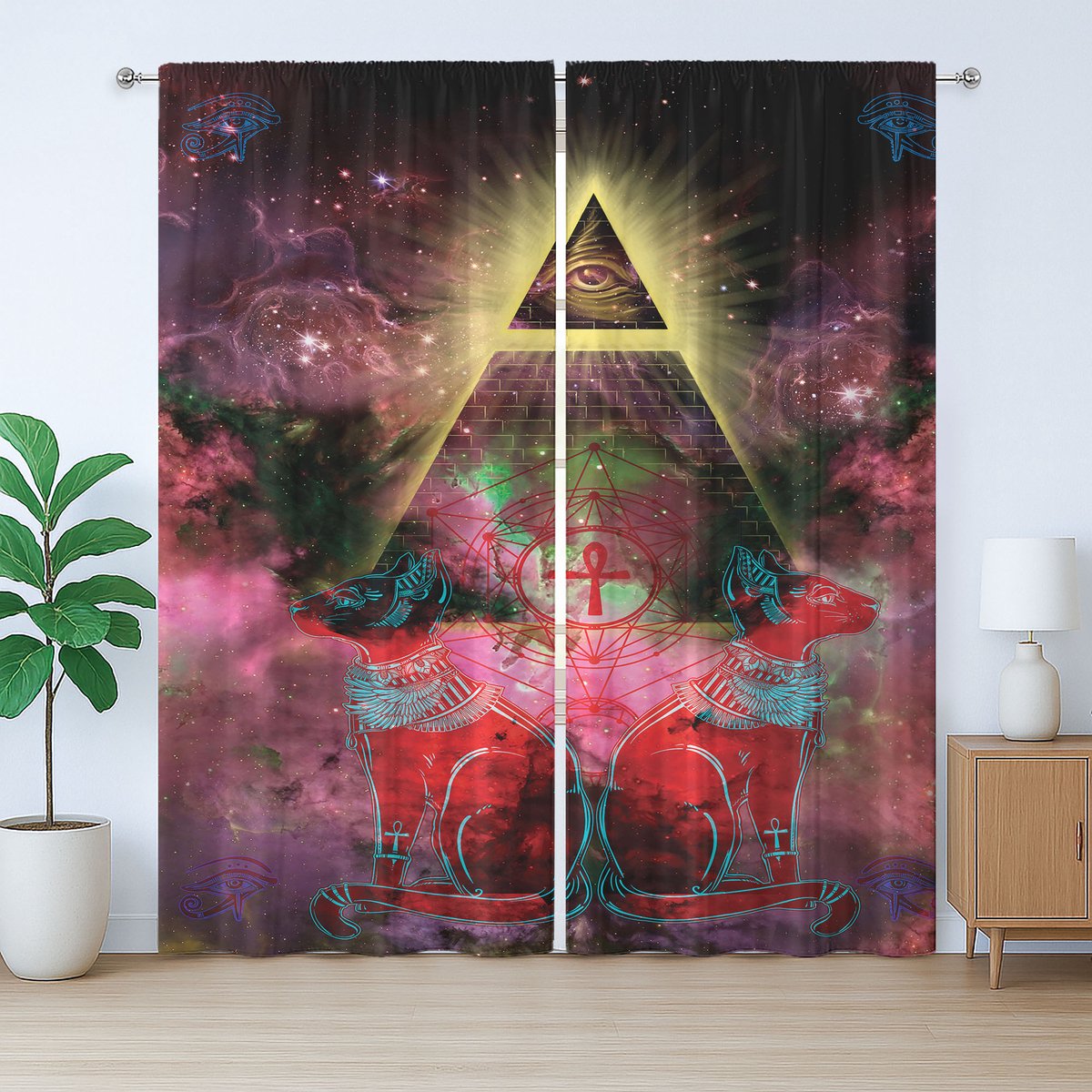 ABAKUHAUS Astronomie Rustiek Gordijn, Oude Piramides, Slaapkamergordijn met Plooiing, Lusjes en Haken, 280 x 175 cm, Pruim en Rood