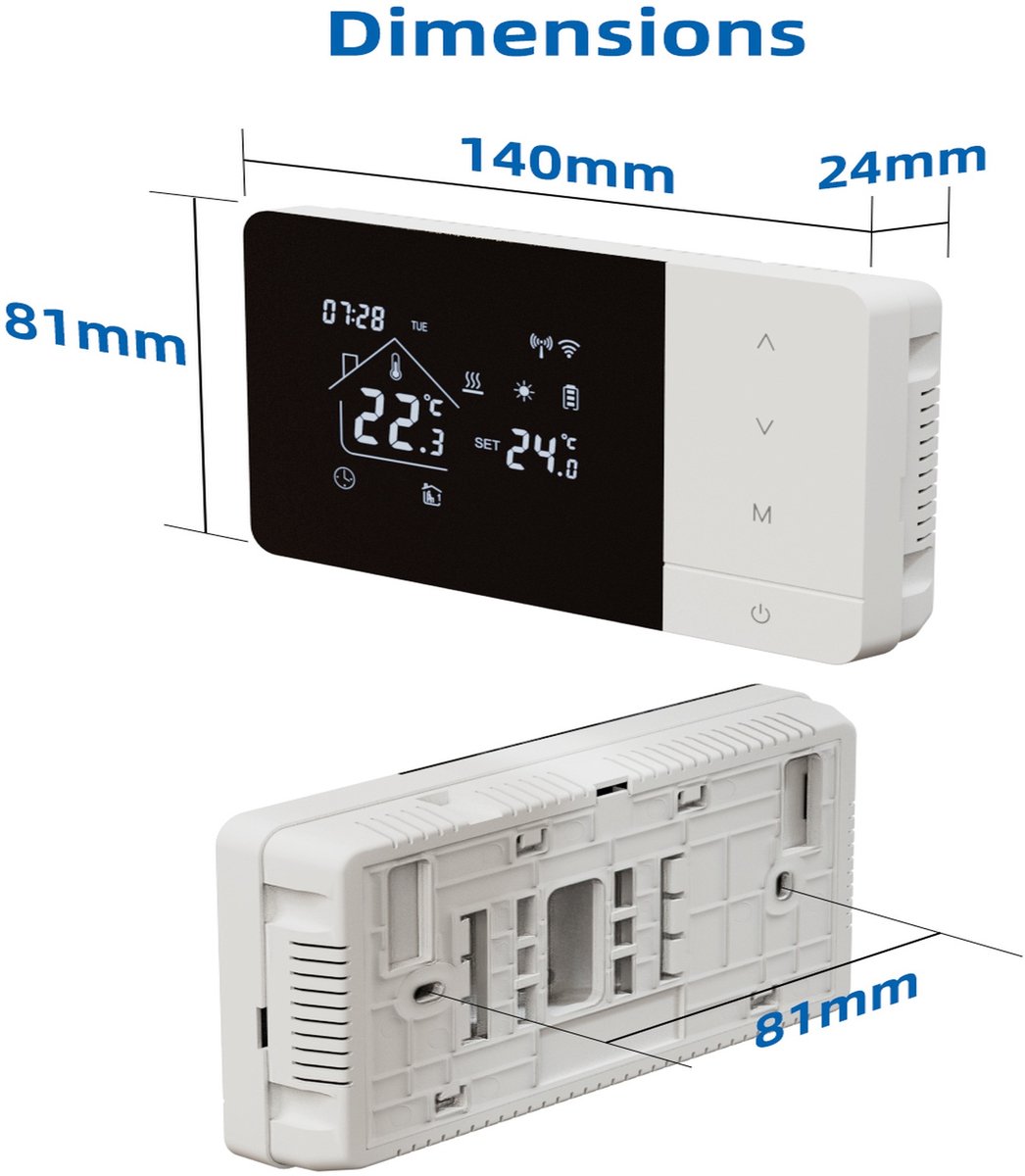 Wifi thermostaat | Opbouw | Wifi | Touchscreen bediening | USB voeding | CV installatie | Smart Life app | Spraakbediening | Zwart wit thumbnail 5