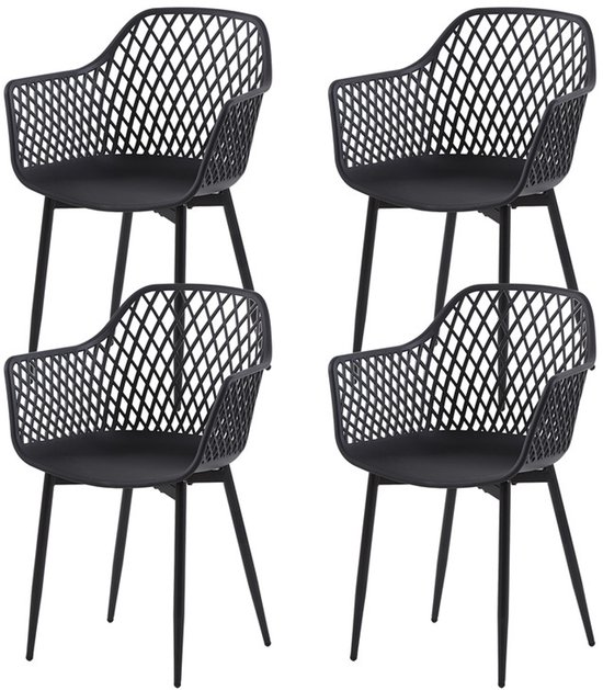Set van 4 zwarte kunststof kuipstoelen met een open, geometrisch patroon en zwarte metalen poten.