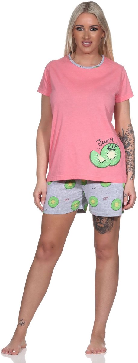 Normann damespyjama shorty met korte mouwen en kortei pyjamabroek in coole Allover Print pink