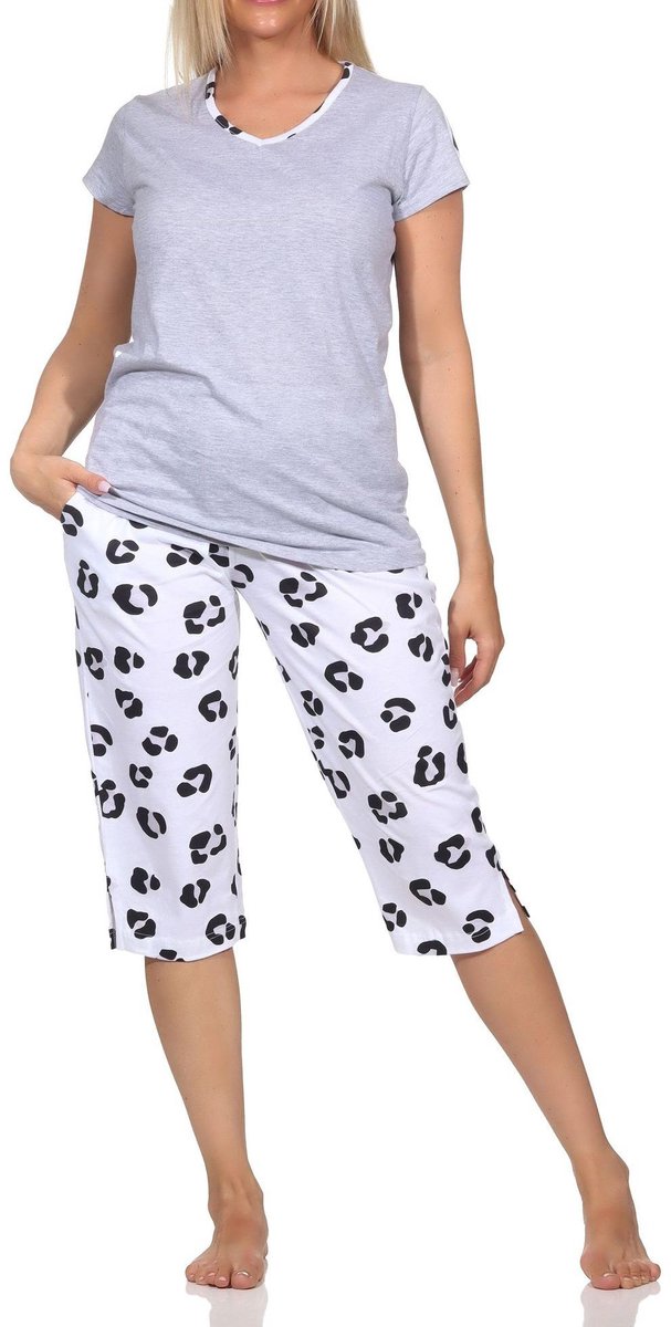 Normann dames capri pyjama shorty korte mouwen in zachte jersey met dierenmotief grau-mel.