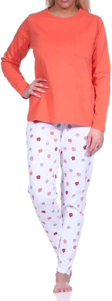 Normann Casual lange damespyjama met een geweldige kleurencombinatie - bloemen/strepen apricot