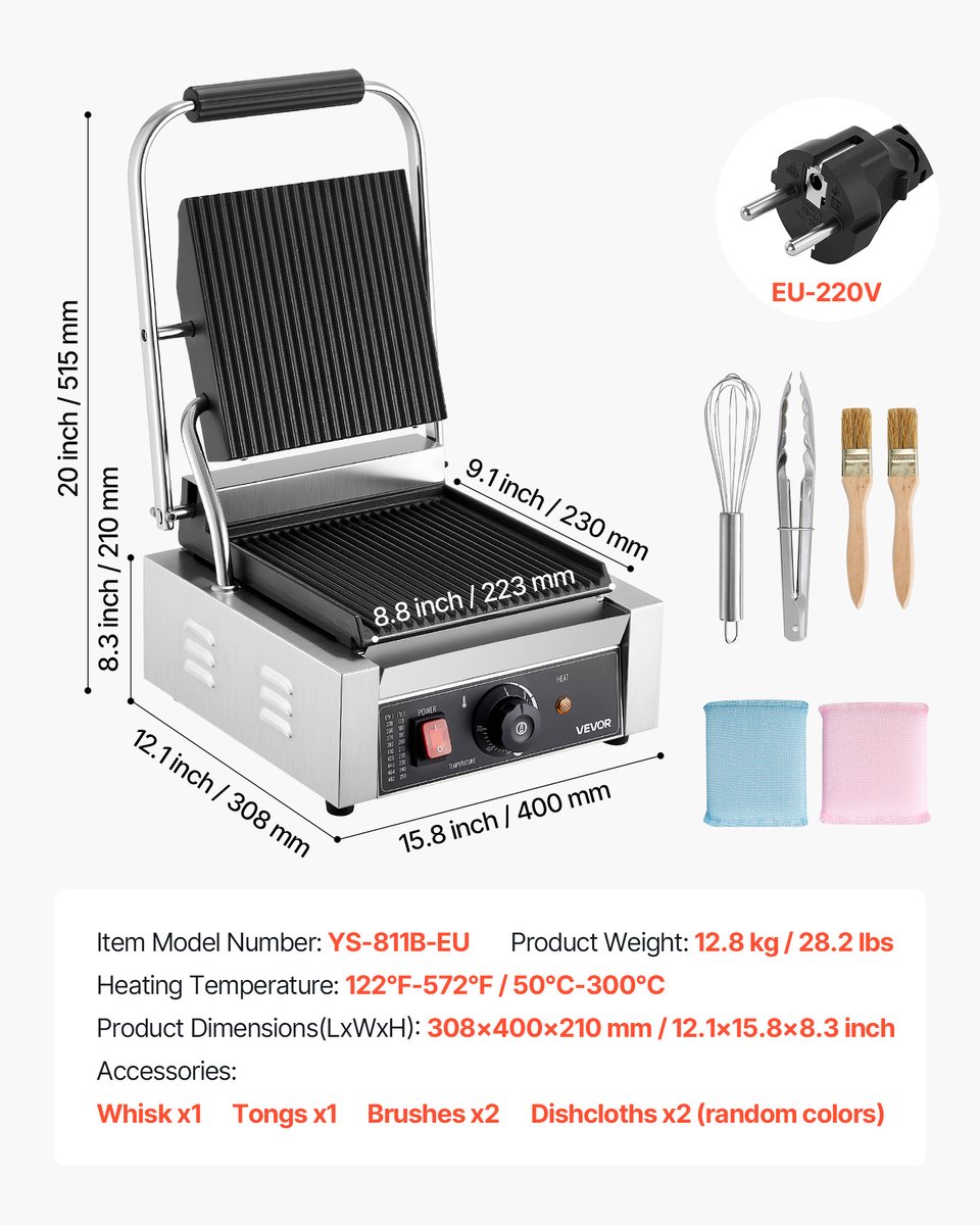 VEVOR Commerciële Panini Grill Sandwich Maker Grillplaat 22x23cm Panini Maker thumbnail 3