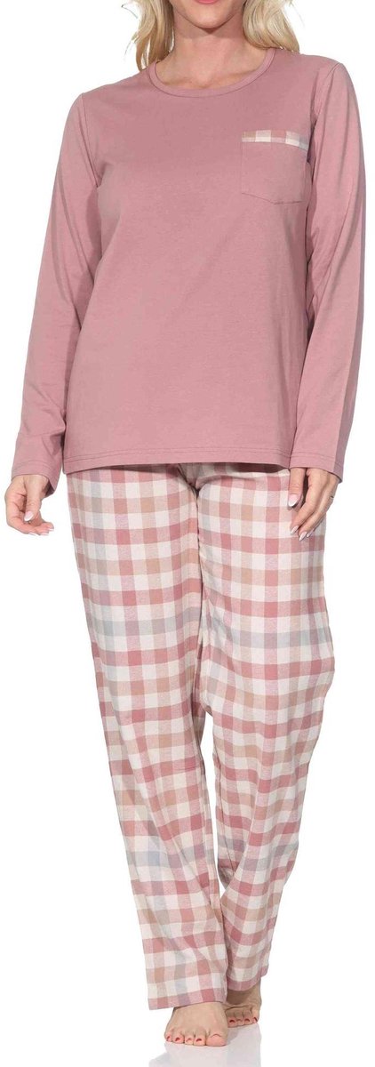 Normann lange damespyjama met geruite flanellen pyjama altrose