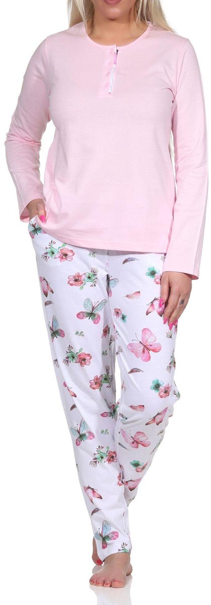 Normann damespyjama met lange mouwen en pyjamabroek in Floral Allover Print rosa1