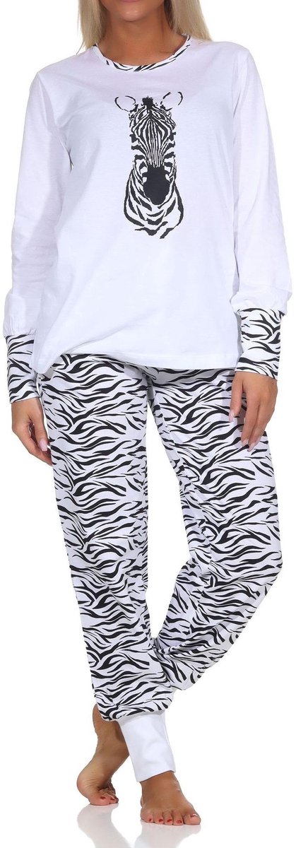 Normann damespyjama met manchetten en dierenmotief, broek in dierenprintlook weiß