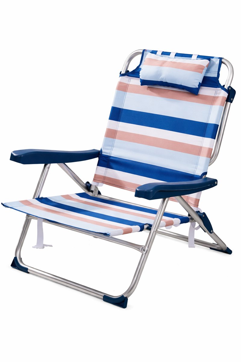 HEM Opvouwbare Campingstoel Voor Volwassenen – Lichtgewicht Aluminium Strandstoel – Verstelbaar met Hoofdkussen – Lage Strandstoel Volwassenen – 110 kg – Blauw Gestreept – Inclusief HEM Microvezeldoekje