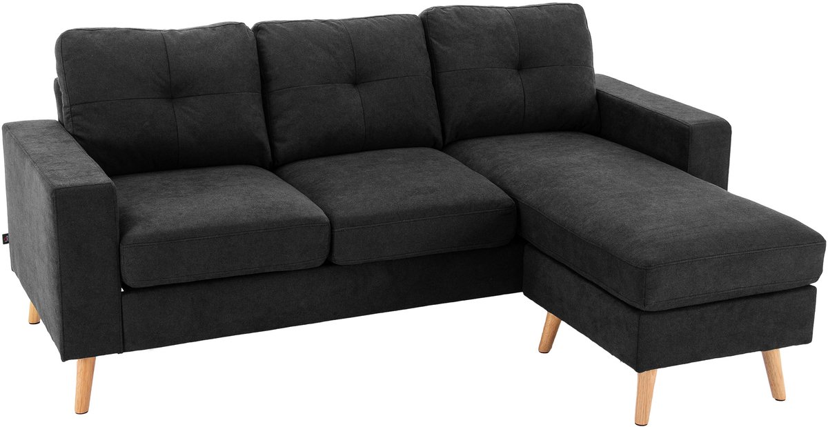 Hoekbank 3-zits Met Chaise Longue – Zwarte Woonkamerbank Met Knoopdetails, 193 x 136 x 85 cm