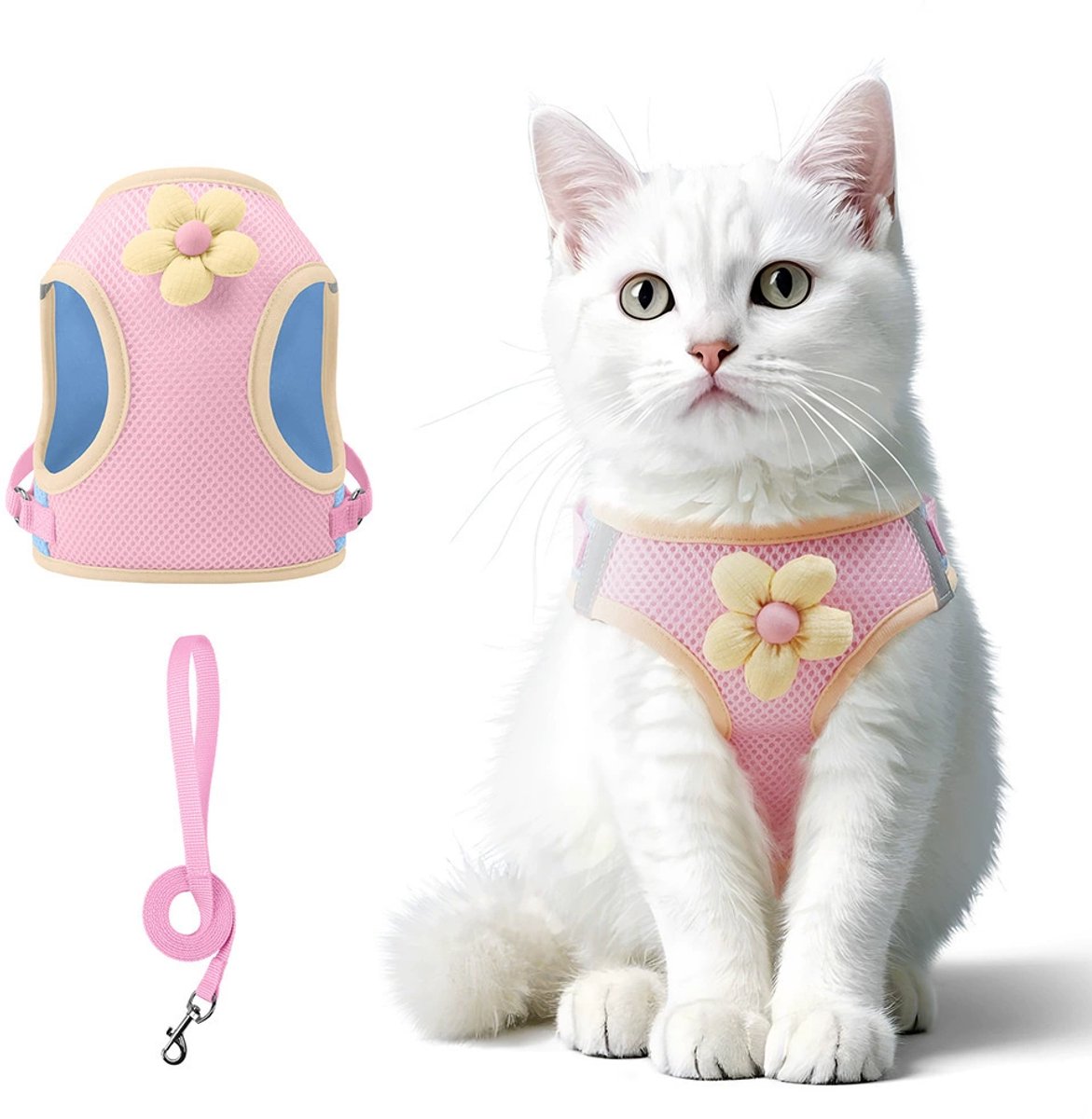 Kattenharnas met Lijn - Zachte Vestvormige Tuig - Reflecterende strips- Bloemvormig Design -L