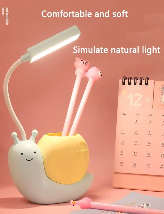 LED Kinder Bureaulamp met Pennenhouder - USB Oplaadbare Slakvormige Tafellamp - Oogbescherming Studie Lamp - 360° Verstelbare Hals - Geel van Oneay — afbeelding 4