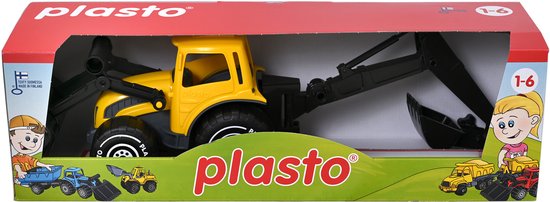 Gele Plasto graafmachine met zwarte voorlader en graafarm in kartonnen verpakking met "plasto" logo en kinderillustraties.
