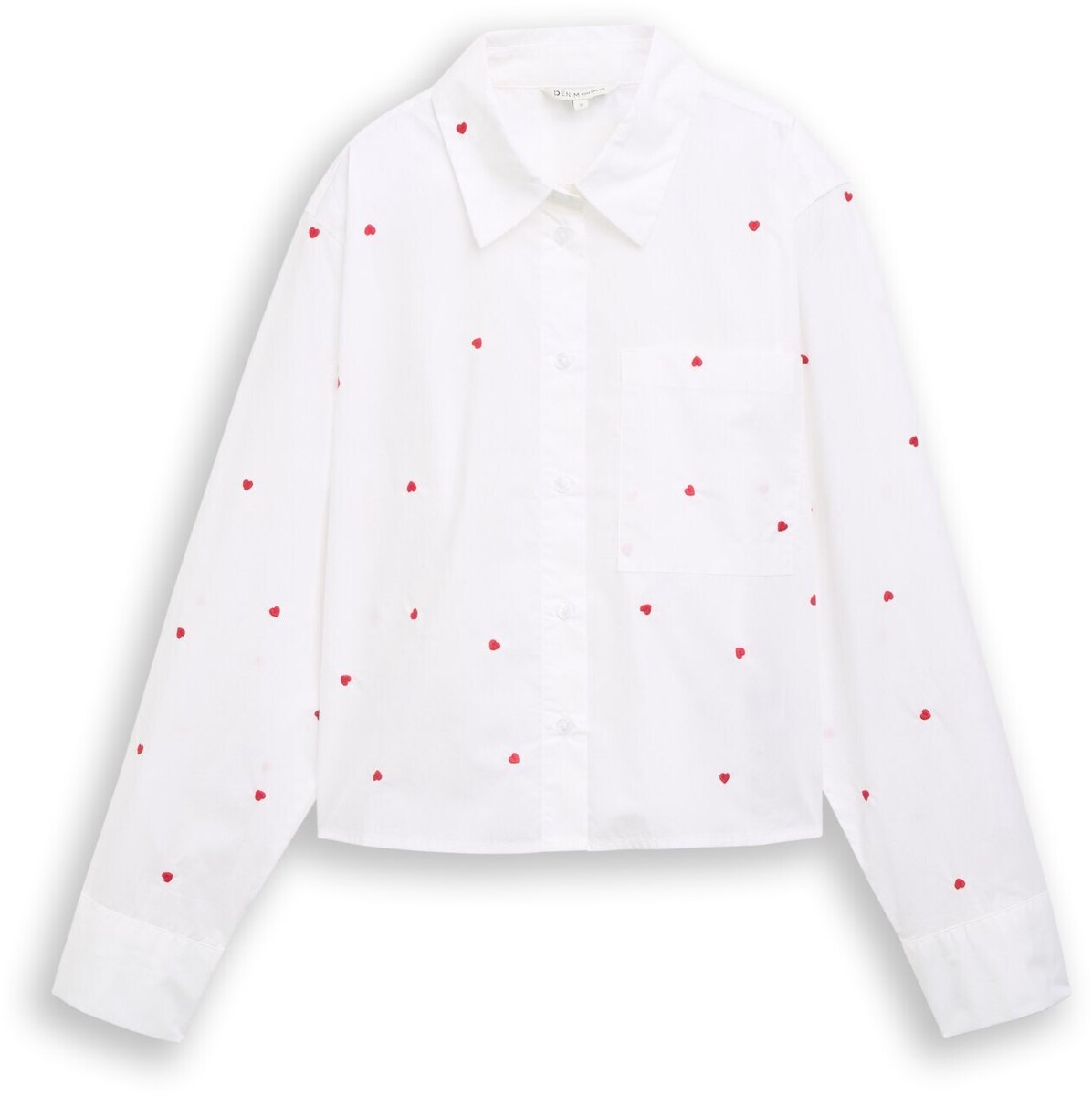 Tom Tailor Denim - Boxy fit overhemdblouse met borduursels - Maat L - white red heart embroidery