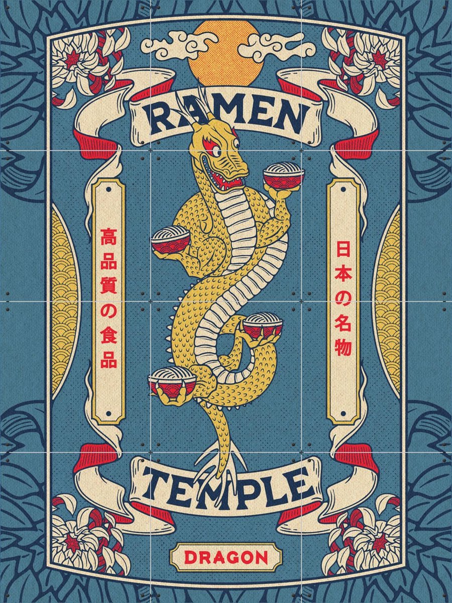 IXXI Ramen Temple Dragon, Ryan Ragnini - 60 x 80 cm - Gratis ophangtool - Grote wanddecoratie en posters - Illustraties, Kleurrijk, Klassiek, Vintage
