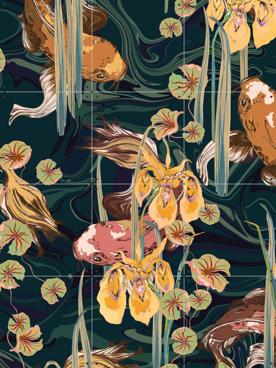 IXXI Koi Pond Petrol Olive, Marylène Madou - 60 x 80 cm - Gratis ophangtool - Grote wanddecoratie en posters - Art Nouveau, Illustraties, Digitale