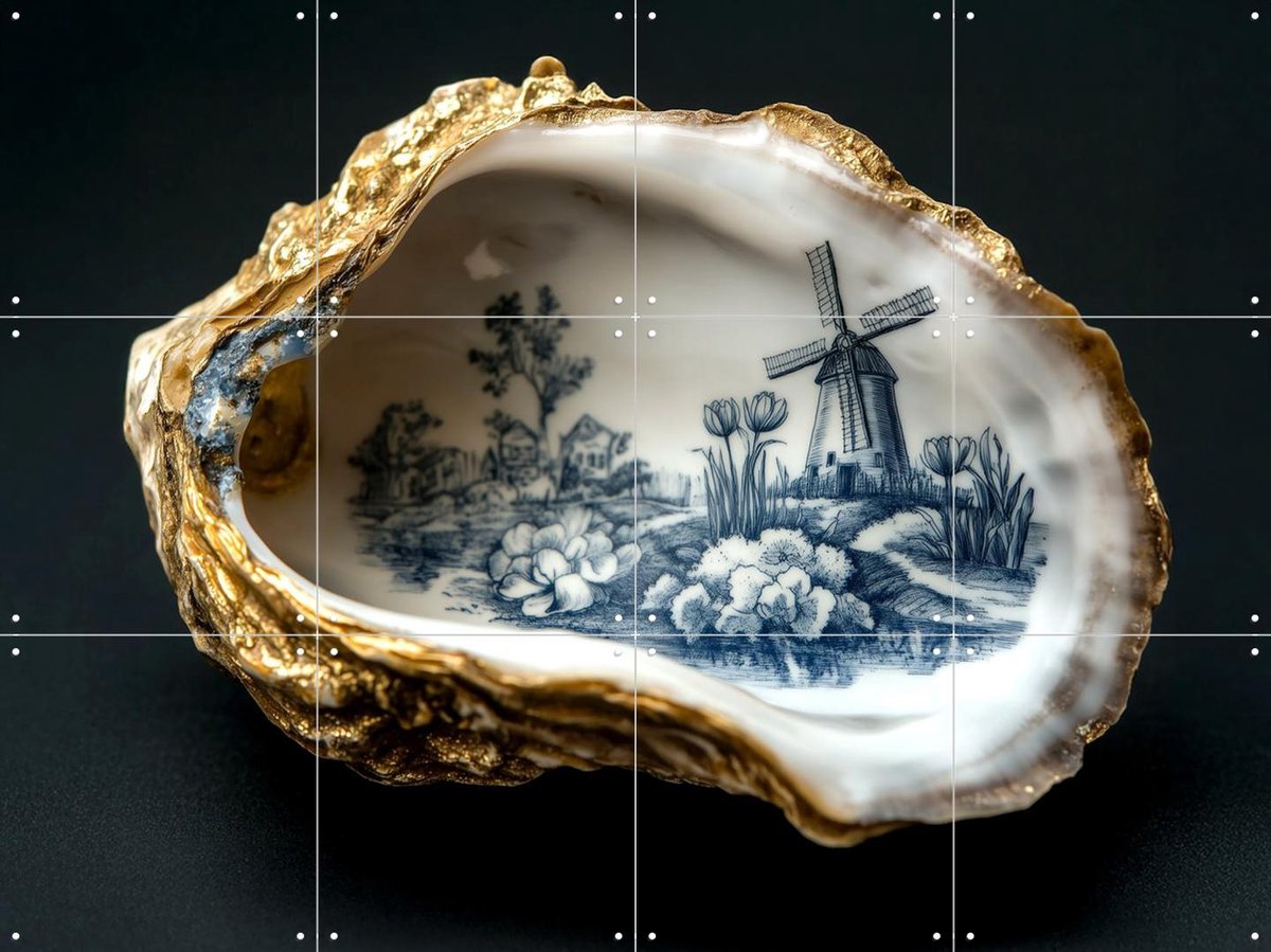 IXXI Delfts Blauwe Oester - Zwart, Margriet Hulsker - 80 x 60 cm - Gratis ophangtool - Grote wanddecoratie en posters - Klassiek, Realisme, Woonkamer
