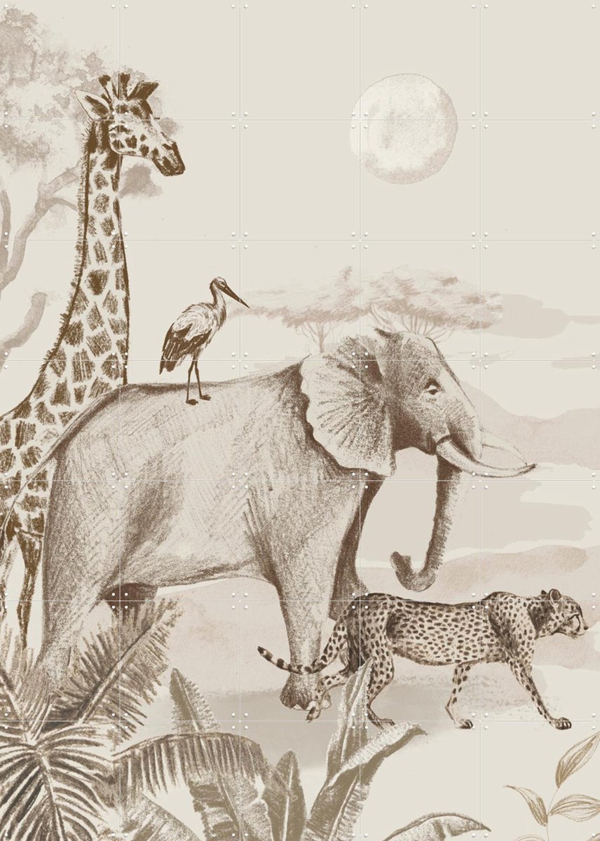 IXXI Vintage Jungle Parade, Irene Jelier - 100 x 140 cm - Gratis ophangtool - Grote wanddecoratie en posters - Illustraties, Vintage, Kinderkamer