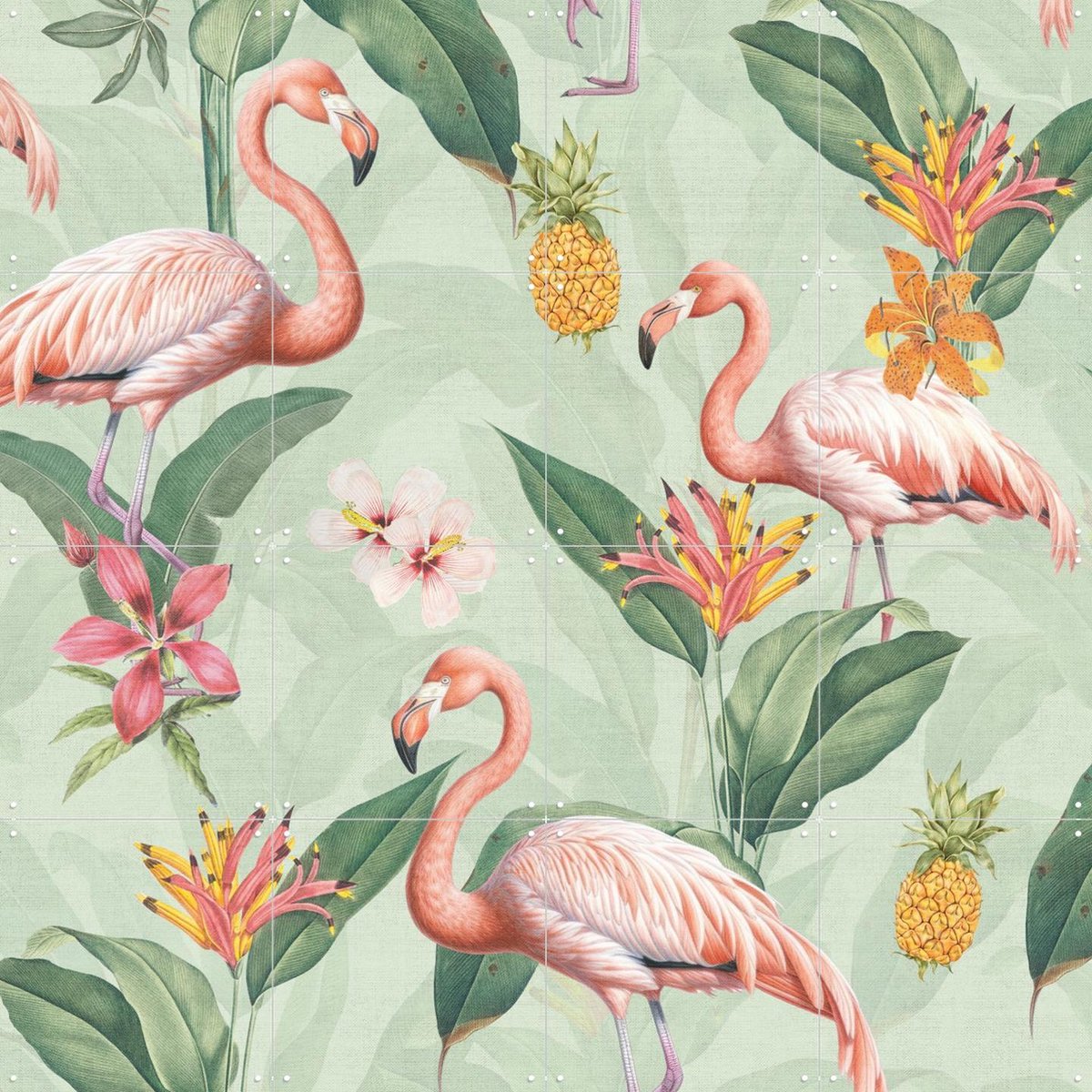 IXXI Tropical vintage flamingos and pineapples, Bloomery Decor - 80 x 80 cm - Gratis ophangtool - Grote wanddecoratie en posters