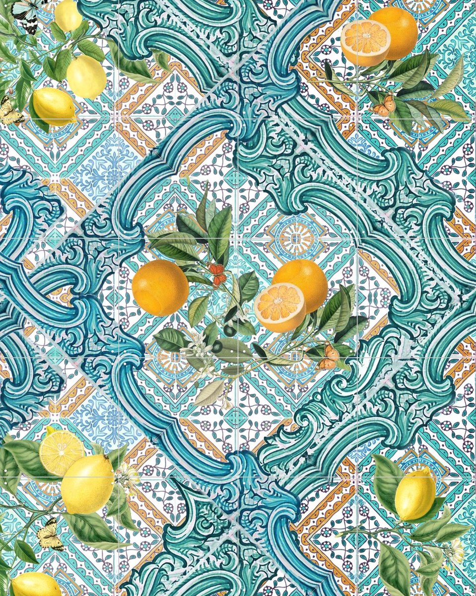 IXXI Mediterranean tiles and citrus fruit teal IIII, Bloomery Decor - 80 x 100 cm - Gratis ophangtool - Grote wanddecoratie en posters - Kleurrijk