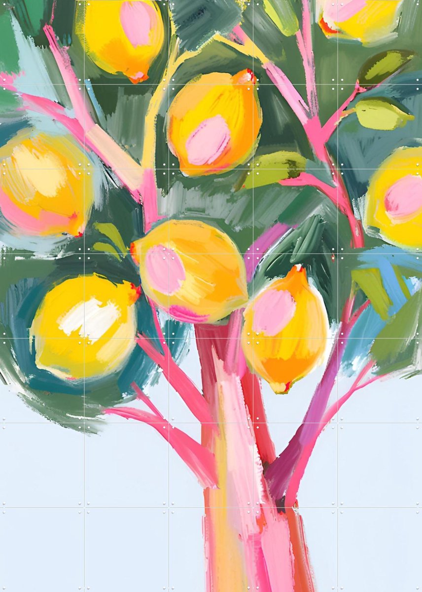 IXXI Vibrant Lemon Tree, Ohkimiko & Various - 100 x 140 cm - Gratis ophangtool - Grote wanddecoratie en posters - Kleurrijk, Kwaststreken, Speels
