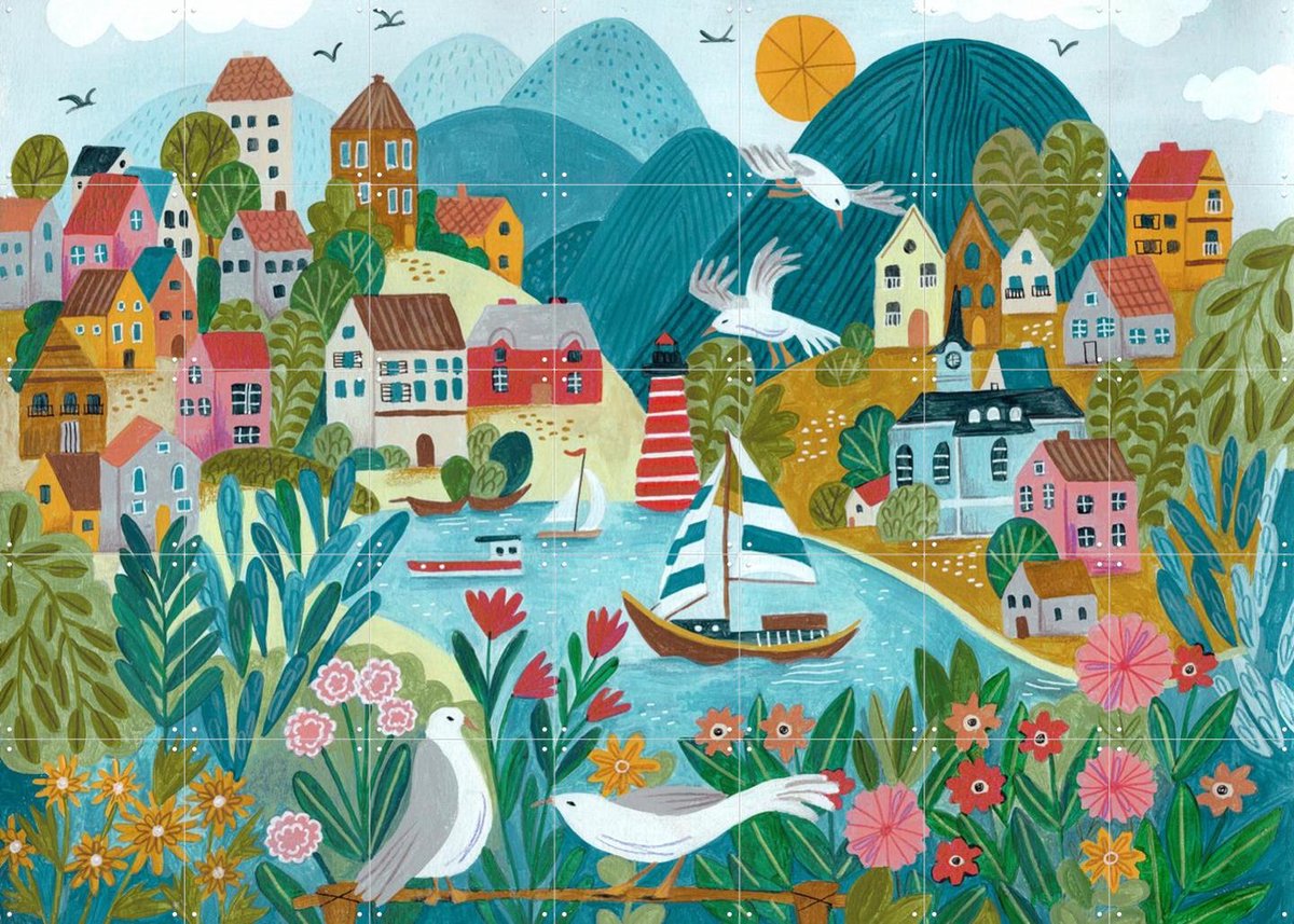 IXXI Coastal Village, Caroline Bonne Müller & Various - 140 x 100 cm - Gratis ophangtool - Grote wanddecoratie en posters - Aquarel, Fantasierijk