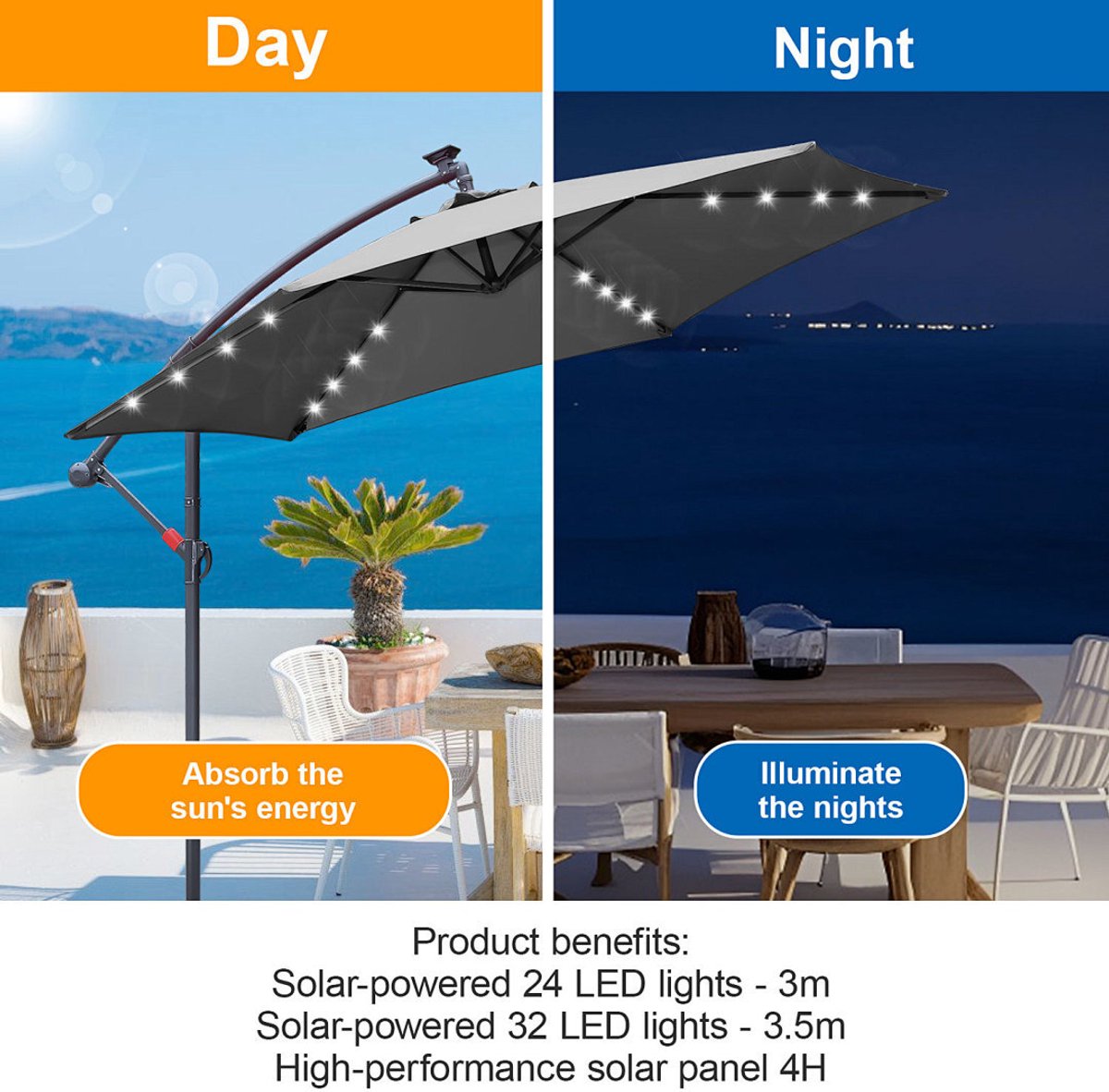 Zweefparasols - 350CM - Solar LED Verlichting 32x Wit - UV 50+ bescherming (blokkeert 98% UV) - Multi-angle Kantelbaar & Draaibaar - Windbestendig frame 8 Ribben - Incl. Kruisvoet - Waterafstotend doek Grijs – foto 5