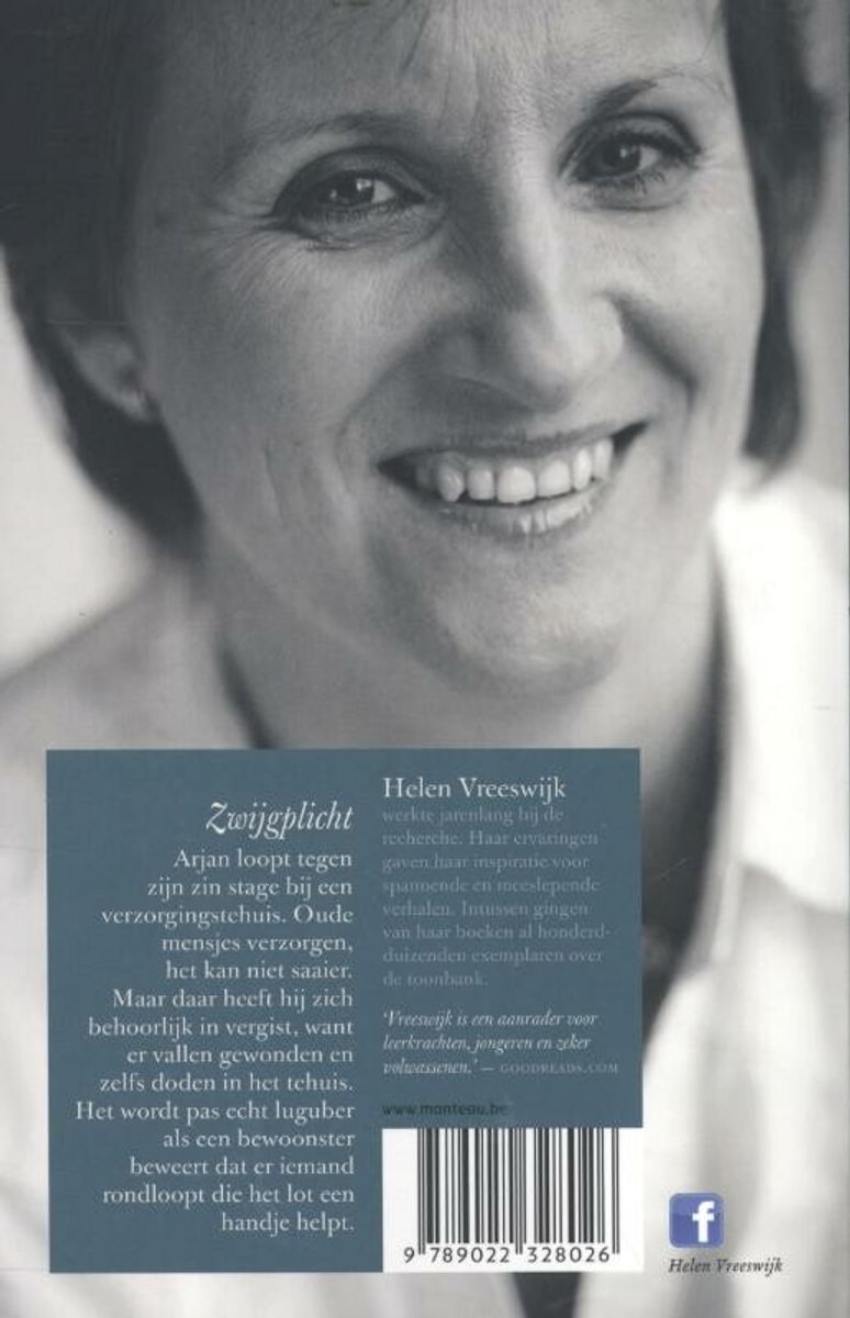 Close-up van lachende vrouw, met tekstblokken over het boek Zwijgplicht.