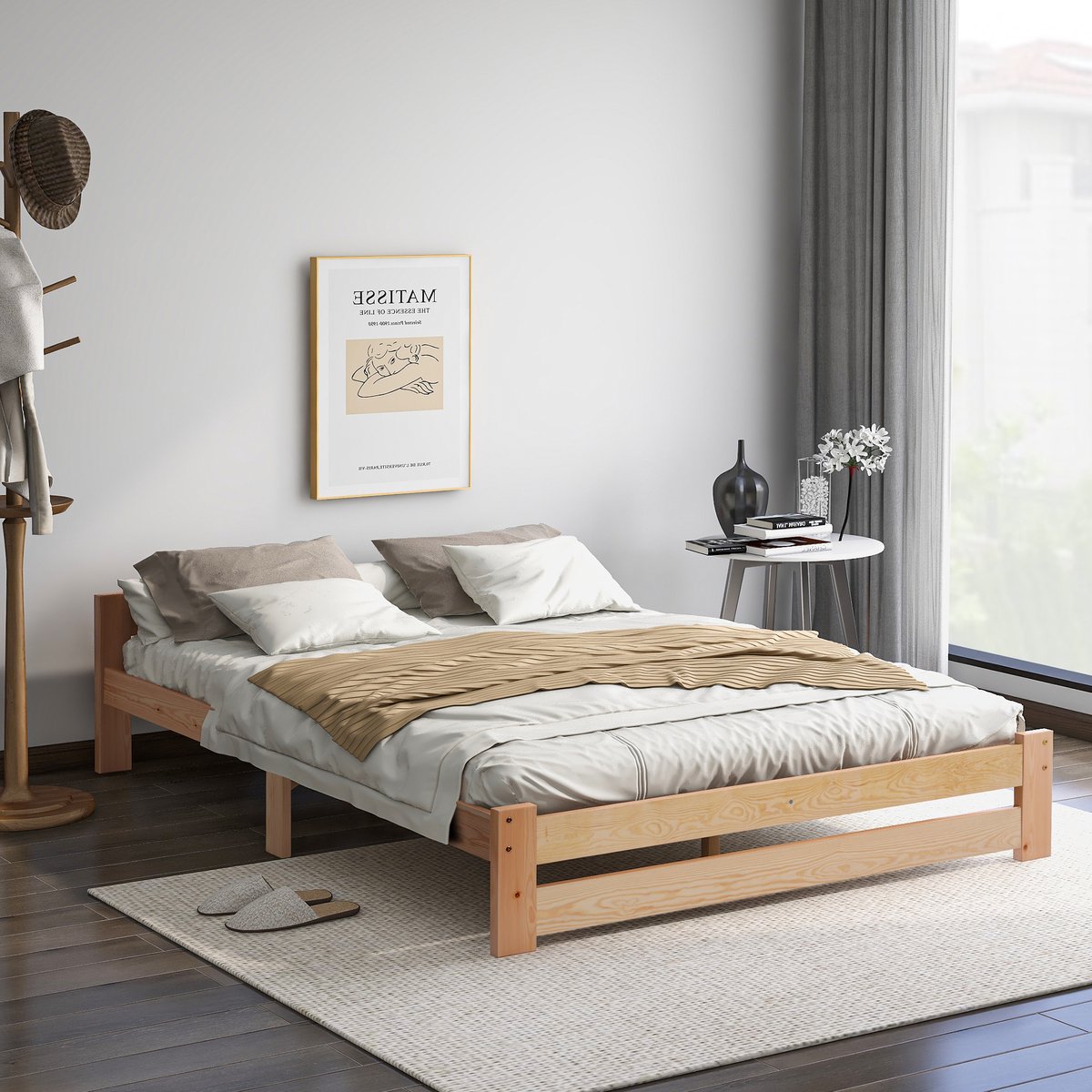 Wishdor Massief Houten Tweepersoonsbed 140x200 cm - Minimalistisch Grenenhout met Lattenbodem - Scandinavisch / Futon Stijl - Naturel Natuurlijk