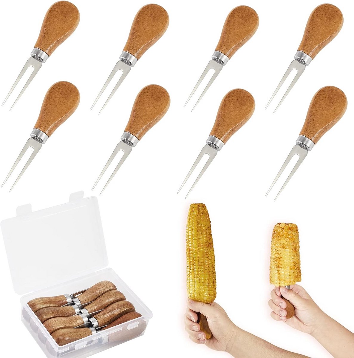 8 Stuks Maïskolfhouders met Houten Handvat - RVS Prikkers voor BBQ en Grill