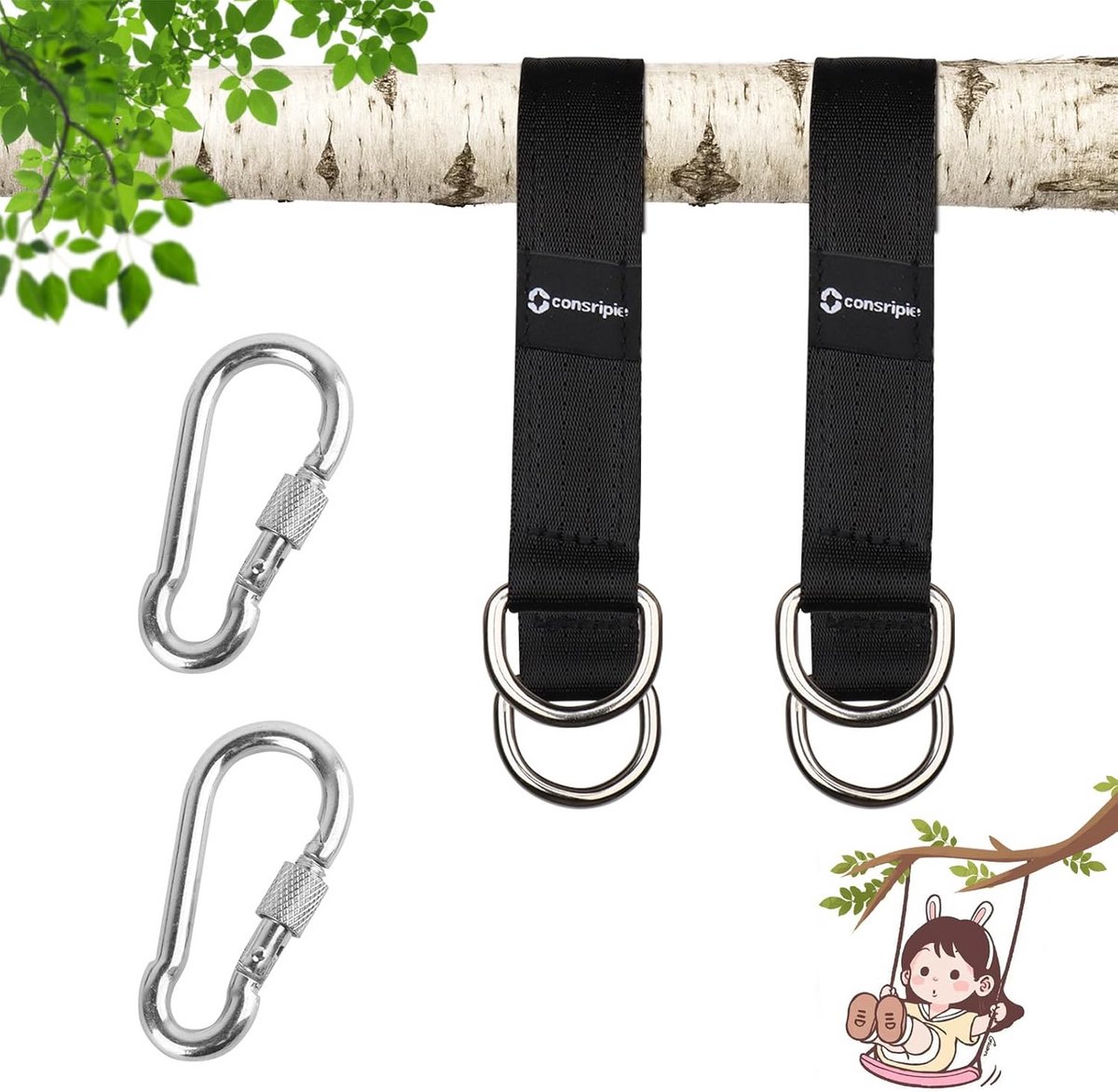 Set van Schommelophanging met Karabijnhaken en Boomprotectors - Zwart