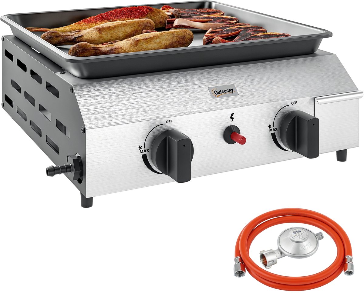 Outsunny-Gasgrill-Edelstahl, Metall-44L x 44,5B x 19H cm-Silber+Schwarz