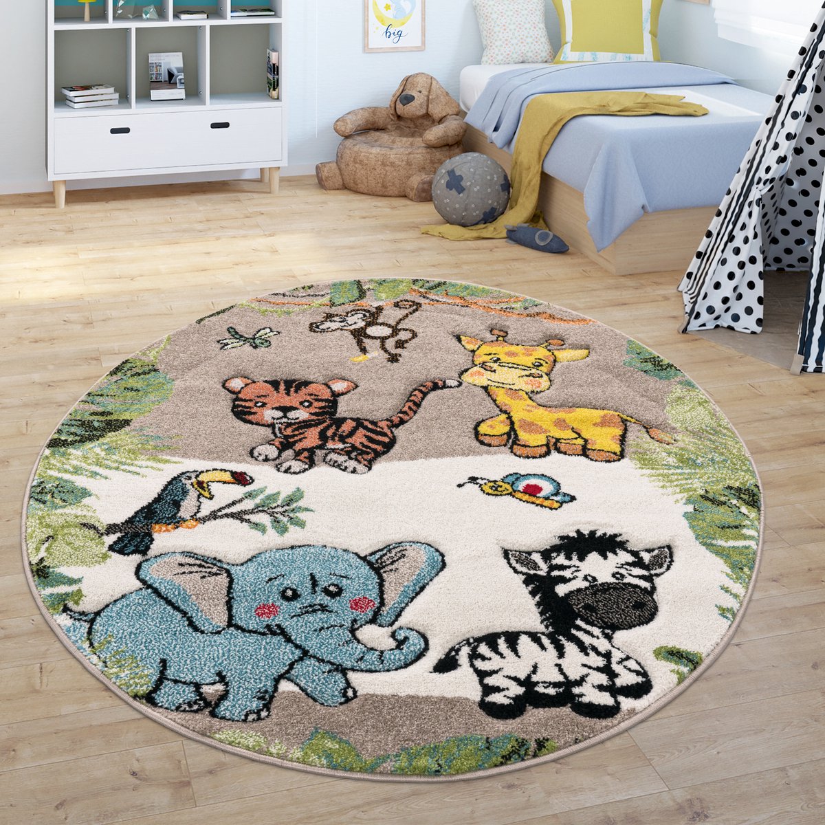 Paco Home Vloerkleed Kinderkamer Jungledieren Giraf Leeuw Aap Zebra Beige/Crème Ø 120 cm Rund