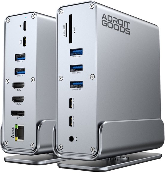 AdroitGoods 15-in-1 USB-C Docking Station met DisplayPort 1.4 – Triple Screen MST – 4K 60Hz – PD 100W – Gigabit Ethernet - Inclusief Usb-C kabel