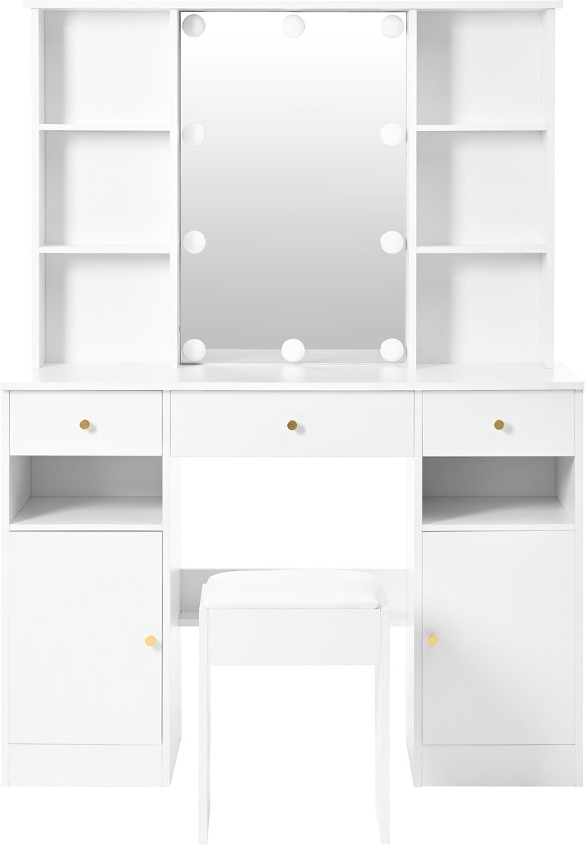in& out door furniture Grote Schminktafel, Make-up Tafel met Verstelbare LED-Verlichting, inclusief Spiegel en Schminktafel Kruk, 3 Lades en 2 Deuren, Slaapkamer Wit, Afmetingen: H151 cm × B110 cm × D40 cm