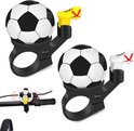 Twee fietsbellen met zwart-wit voetbalmotief. Eén met gele schoen, één met witte schoen. Zwarte houder.