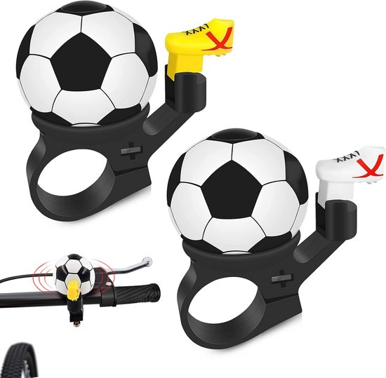 Twee fietsbellen met zwart-wit voetbalmotief. Eén met gele schoen, één met witte schoen. Zwarte houder.